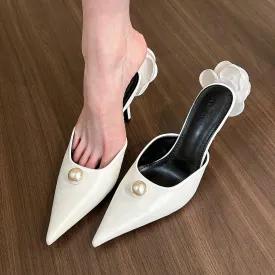 Pointed Pearl High Heel Half Slippers Women Mules Shoes