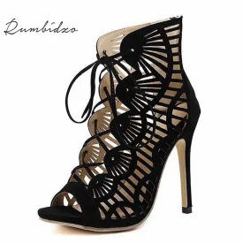 Rumbidzo Brand Women Pumps 2018 Casual Peep Toe  Lace Up Cutouts High Heels Shoes Woman High Heel Gladiator Thin Heel Sapatos