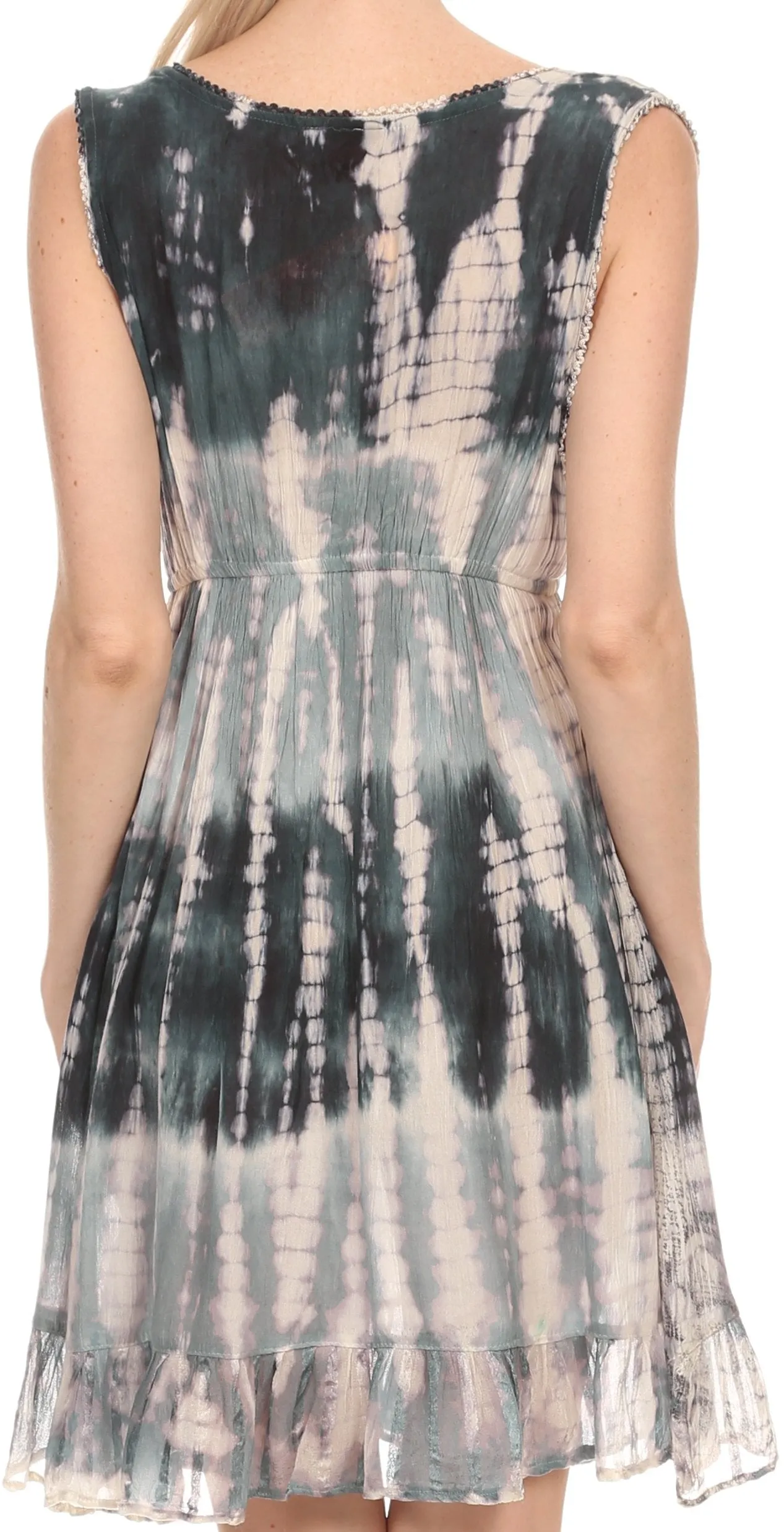 Sakkas Ganya Mid Length Ruffled Bottom Sleeveless Ombre Tie Dye Wash Batik Dress