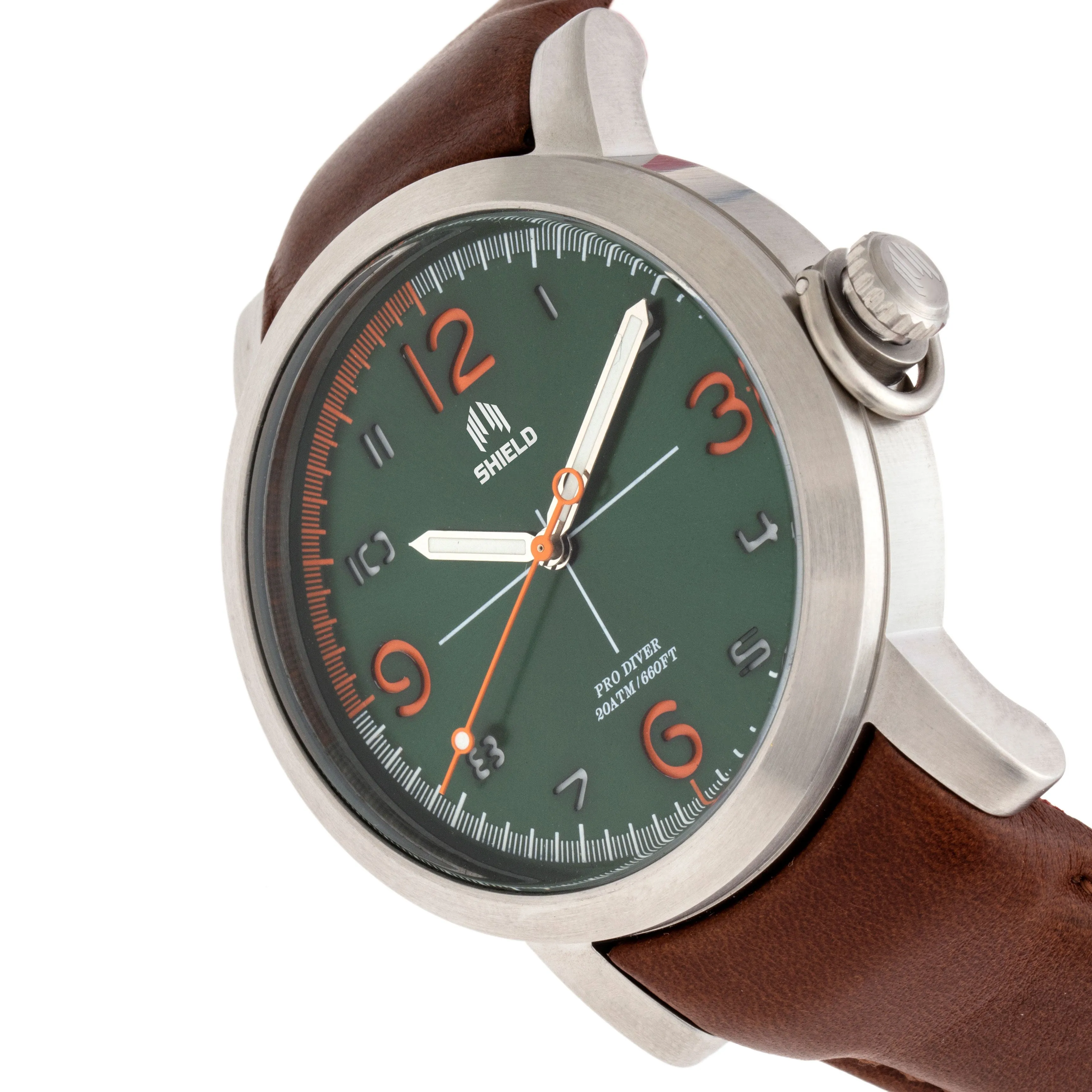 Shield Berge Leather-Band Men's Diver Watch - Silver/Green