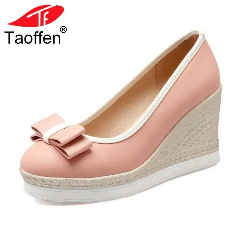 TAOFFEN Classic Brand Women Wedges High Heels Platform Round Toe Pumps Women Girls Bowtie Slip-on Zapatos Mujer Shoes Size 33-43