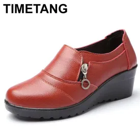 TIMETANG Autumn new fashion slip on women high heels shoes Women's Genuine Leather Work shoes Mother comfortable Wedding C290