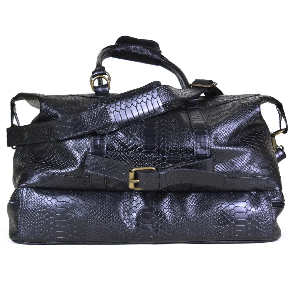 Weekender Bag with shoe compartment in Black Leather snke embossed - Professional Players Favorite - FINAL SALE NO EXCHANGE