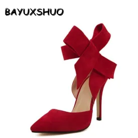 Women Big Bow Tie Pumps Butterfly Pointed Stiletto Shoes Woman High Heels Plus Size Wedding Shoes Bowknot