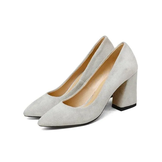 Women Pumps Sweet Style Square High Heel Flock Pointed Toe Spring and Autumn Elegant Shallow Ladies Shoes Size 34-43