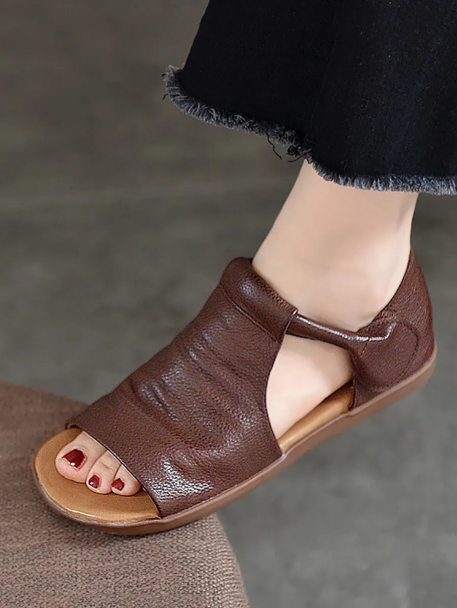 Women Summer Casual Solid Soft Leather Flat Sandals