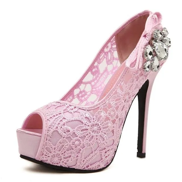 Women's High Heels Sexy Peep Toe Lace Party Shoes Crystal Hollow Platform Bowtie Pumps Plus Size Female Elegant Stiletto