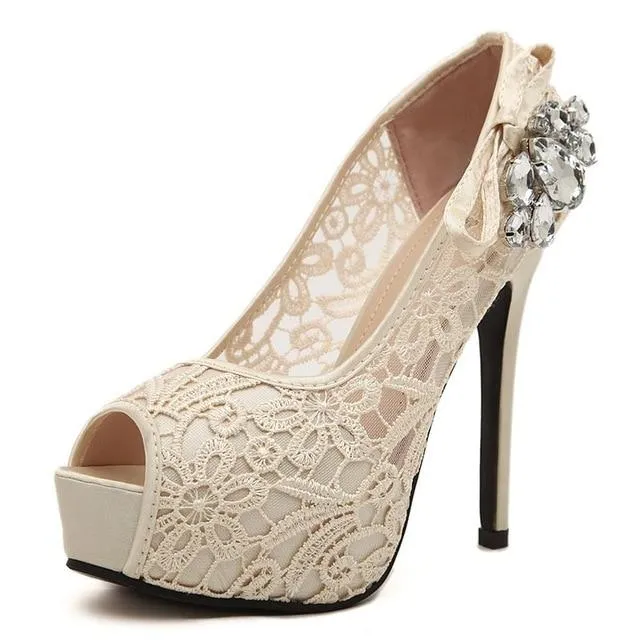 Women's High Heels Sexy Peep Toe Lace Party Shoes Crystal Hollow Platform Bowtie Pumps Plus Size Female Elegant Stiletto