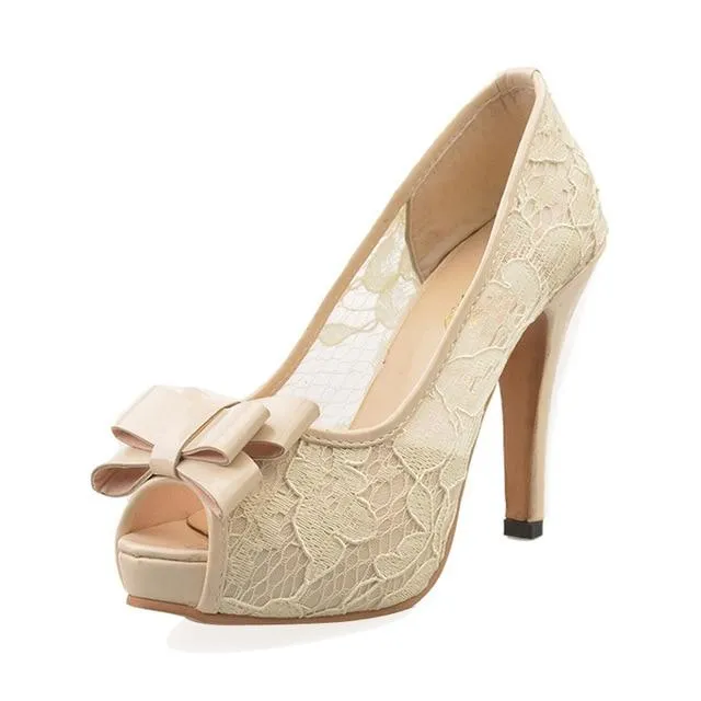 Women's High Heels Sexy Peep Toe Lace Party Shoes Crystal Hollow Platform Bowtie Pumps Plus Size Female Elegant Stiletto