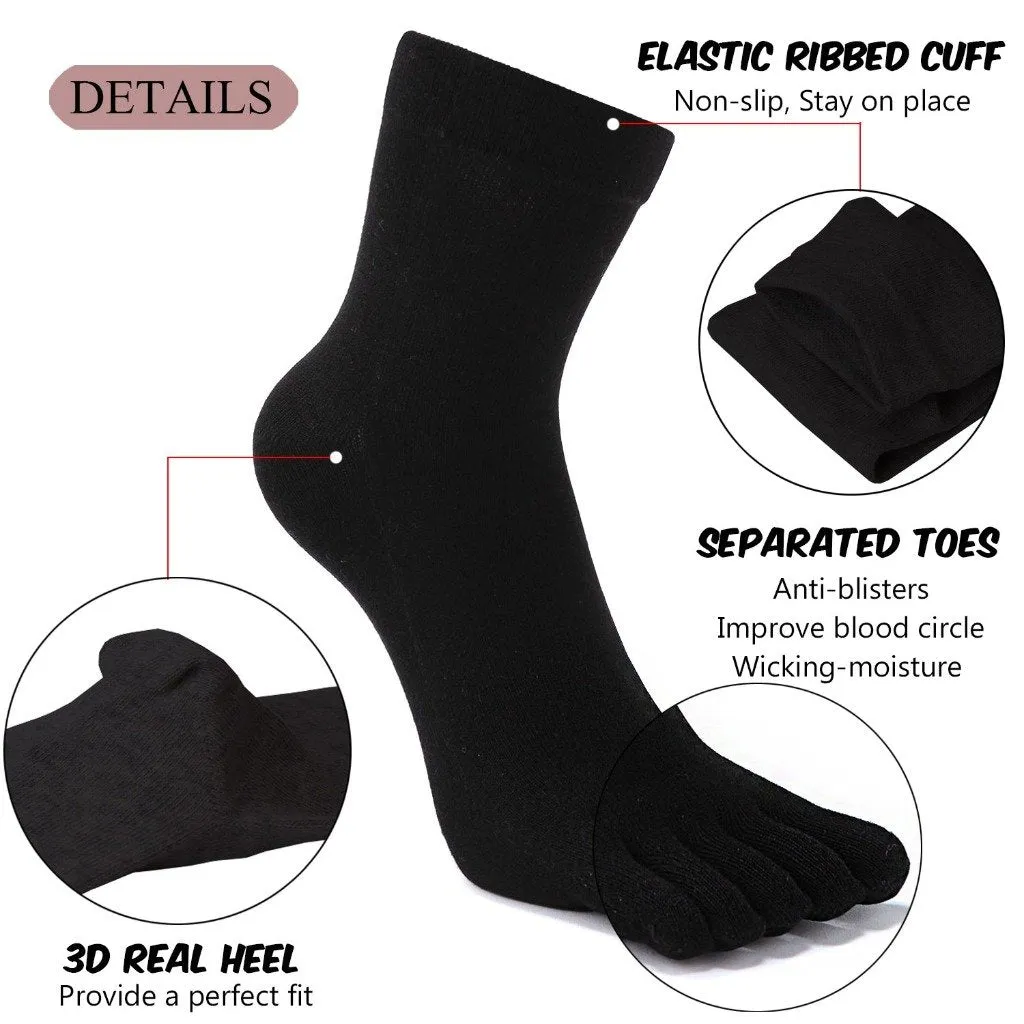 ZFSOCK Plain Black  5 Finger Crew Socks for Men, 5 Pairs