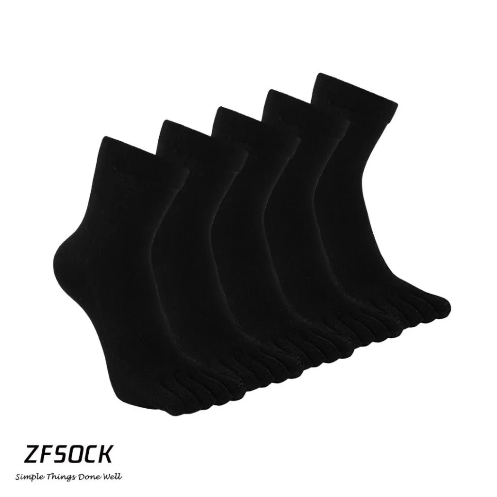 ZFSOCK Plain Black  5 Finger Crew Socks for Men, 5 Pairs